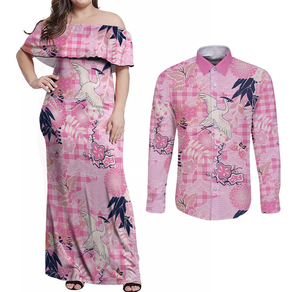 Pink Palaka Crane and Flowers Couples Matching Off Shoulder Maxi Dress and Long Sleeve Button Shirt Japan Heritage Spirit - Polynesian Pride