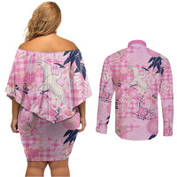 Pink Palaka Crane and Flowers Couples Matching Off Shoulder Short Dress and Long Sleeve Button Shirt Japan Heritage Spirit - Polynesian Pride