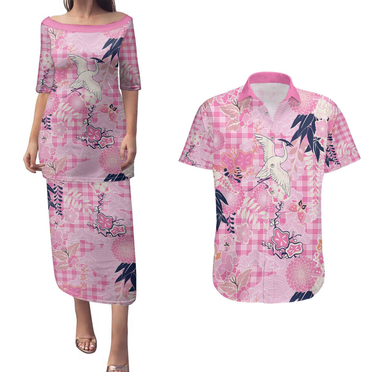 Pink Palaka Crane and Flowers Couples Matching Puletasi and Hawaiian Shirt Japan Heritage Spirit - Polynesian Pride