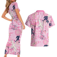 Pink Palaka Crane and Flowers Couples Matching Short Sleeve Bodycon Dress and Hawaiian Shirt Japan Heritage Spirit - Polynesian Pride
