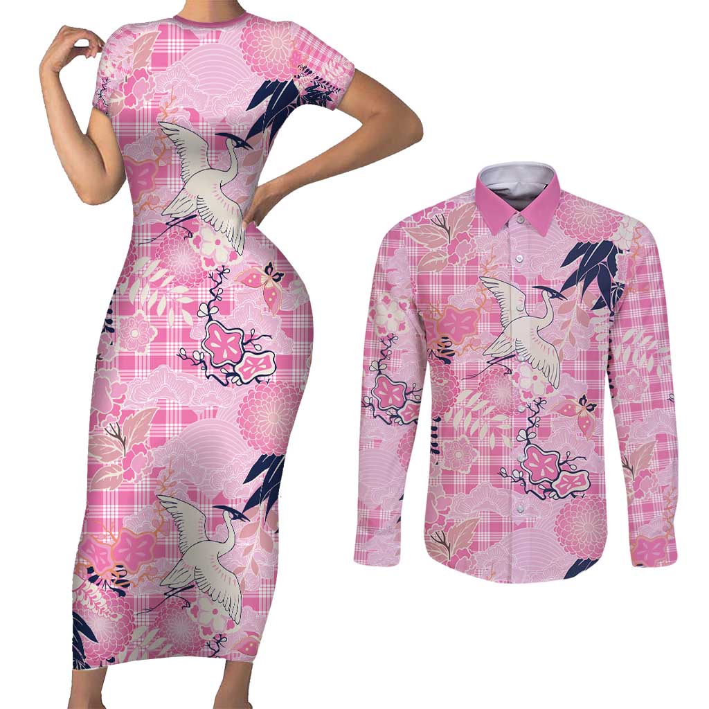 Pink Palaka Crane and Flowers Couples Matching Short Sleeve Bodycon Dress and Long Sleeve Button Shirt Japan Heritage Spirit - Polynesian Pride