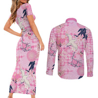 Pink Palaka Crane and Flowers Couples Matching Short Sleeve Bodycon Dress and Long Sleeve Button Shirt Japan Heritage Spirit - Polynesian Pride