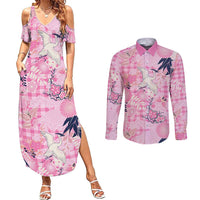 Pink Palaka Crane and Flowers Couples Matching Summer Maxi Dress and Long Sleeve Button Shirt Japan Heritage Spirit - Polynesian Pride