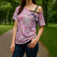 Pink Palaka Crane and Flowers Cross Shoulder Shirt Japan Heritage Spirit - Polynesian Pride