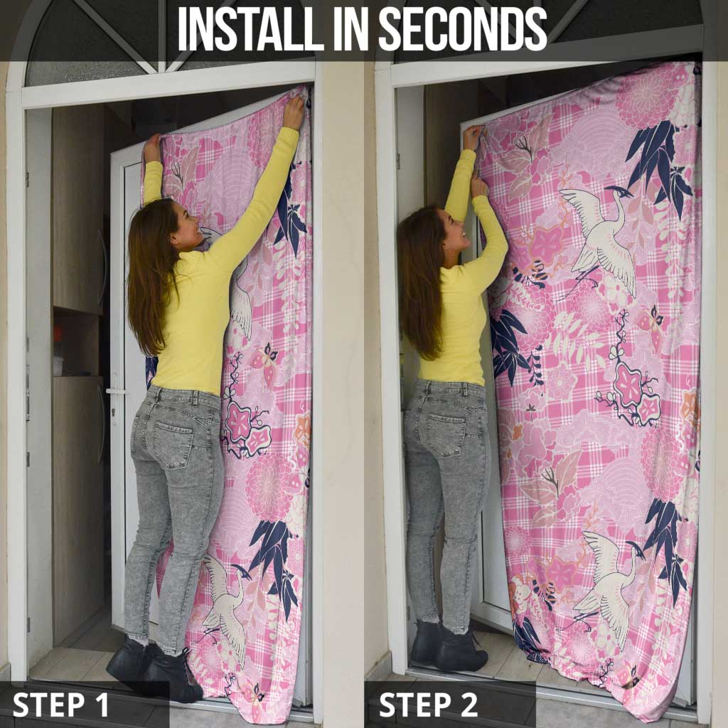 Pink Palaka Crane and Flowers Door Cover Japan Heritage Spirit - Polynesian Pride