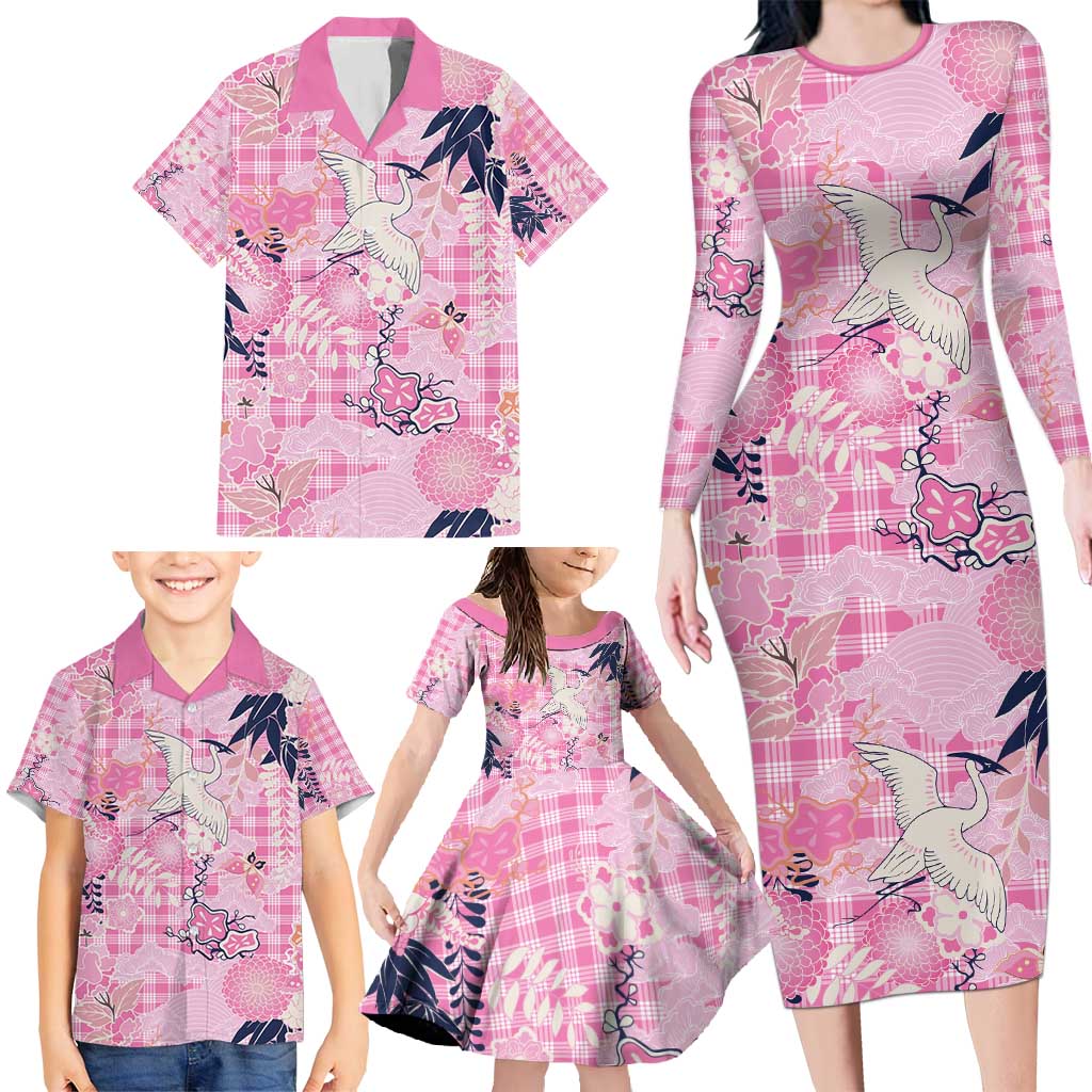 Pink Palaka Crane and Flowers Family Matching Long Sleeve Bodycon Dress and Hawaiian Shirt Japan Heritage Spirit - Polynesian Pride