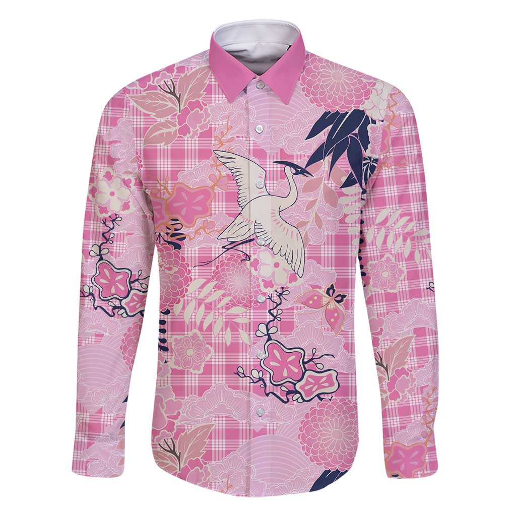 Pink Palaka Crane and Flowers Family Matching Long Sleeve Bodycon Dress and Hawaiian Shirt Japan Heritage Spirit - Polynesian Pride