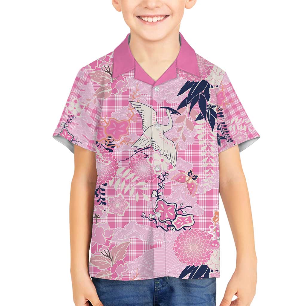 Pink Palaka Crane and Flowers Family Matching Puletasi and Hawaiian Shirt Japan Heritage Spirit - Polynesian Pride