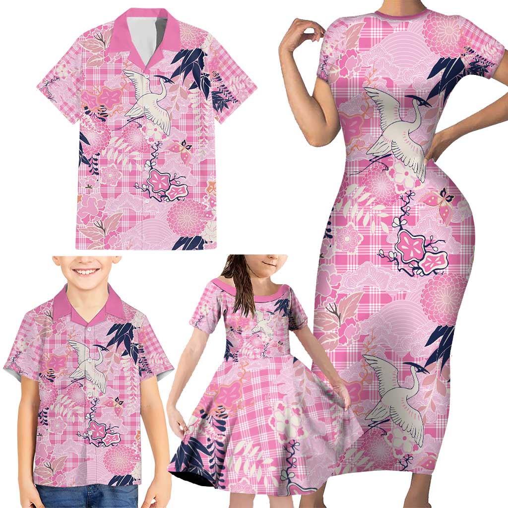 Pink Palaka Crane and Flowers Family Matching Short Sleeve Bodycon Dress and Hawaiian Shirt Japan Heritage Spirit - Polynesian Pride