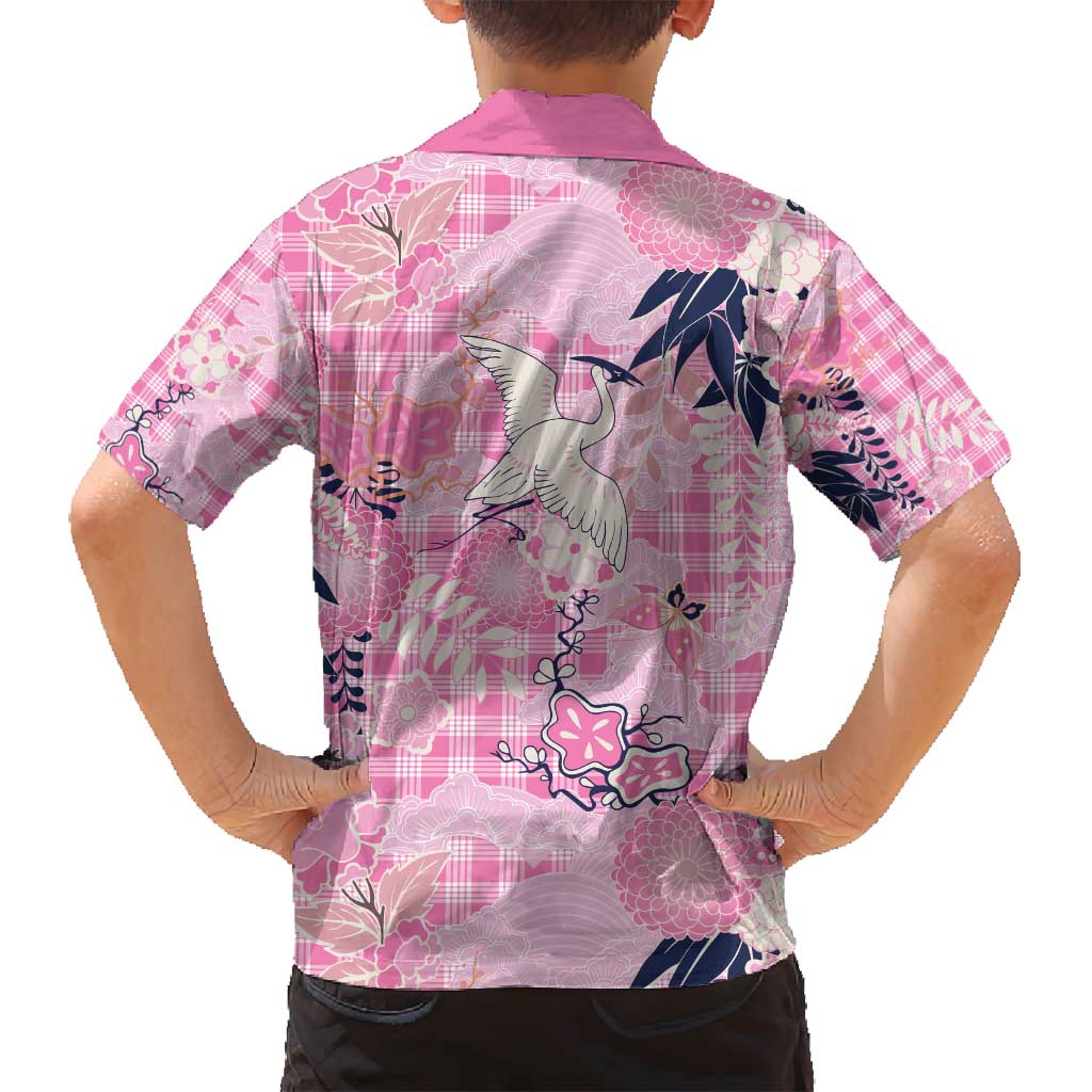 Pink Palaka Crane and Flowers Family Matching Summer Maxi Dress and Hawaiian Shirt Japan Heritage Spirit - Polynesian Pride