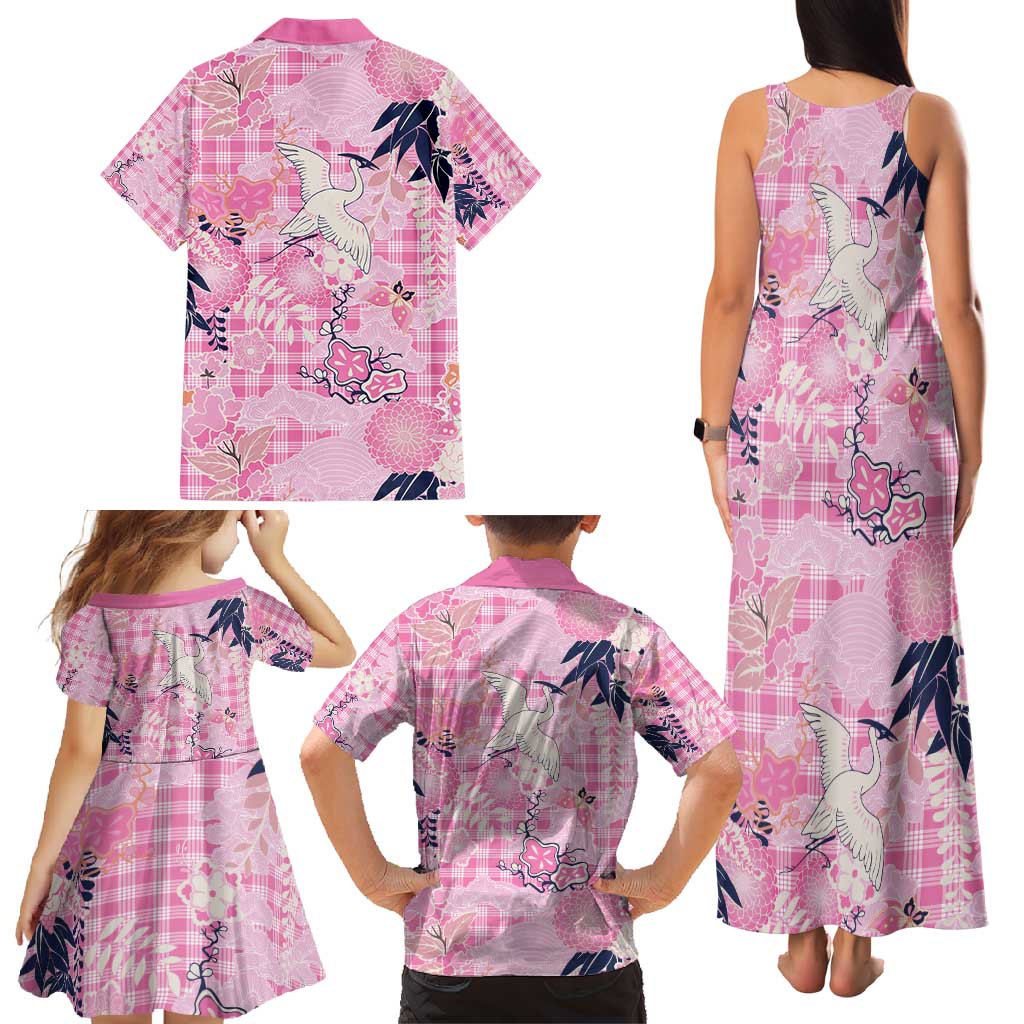Pink Palaka Crane and Flowers Family Matching Tank Maxi Dress and Hawaiian Shirt Japan Heritage Spirit - Polynesian Pride