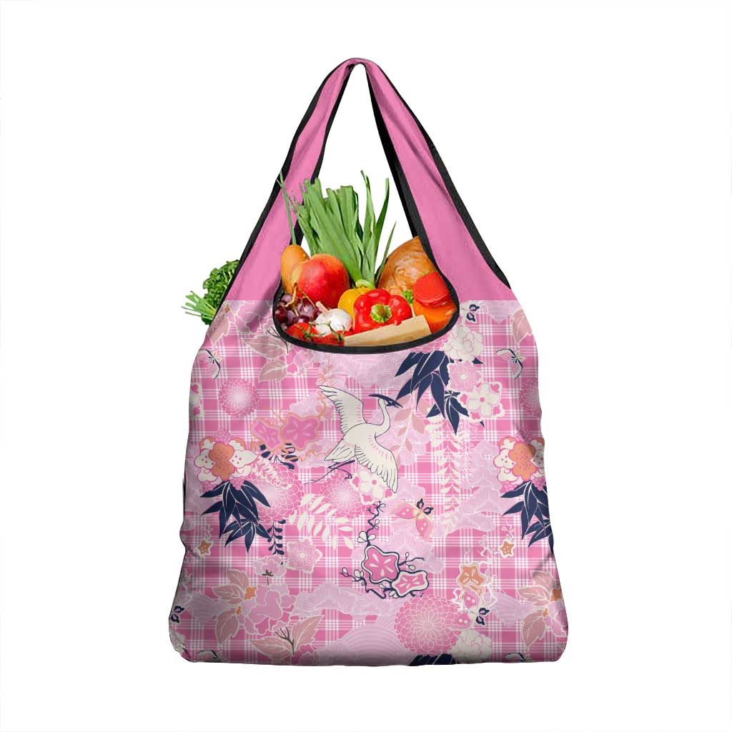 Pink Palaka Crane and Flowers Grocery Bag Japan Heritage Spirit - Polynesian Pride