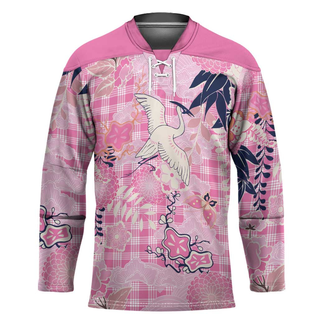 Pink Palaka Crane and Flowers Hockey Jersey Japan Heritage Spirit - Polynesian Pride