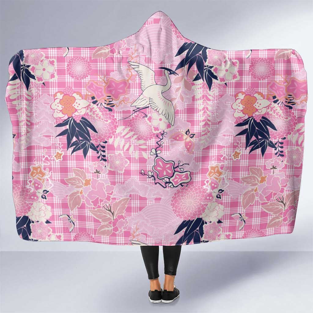 Pink Palaka Crane and Flowers Hooded Blanket Japan Heritage Spirit - Polynesian Pride