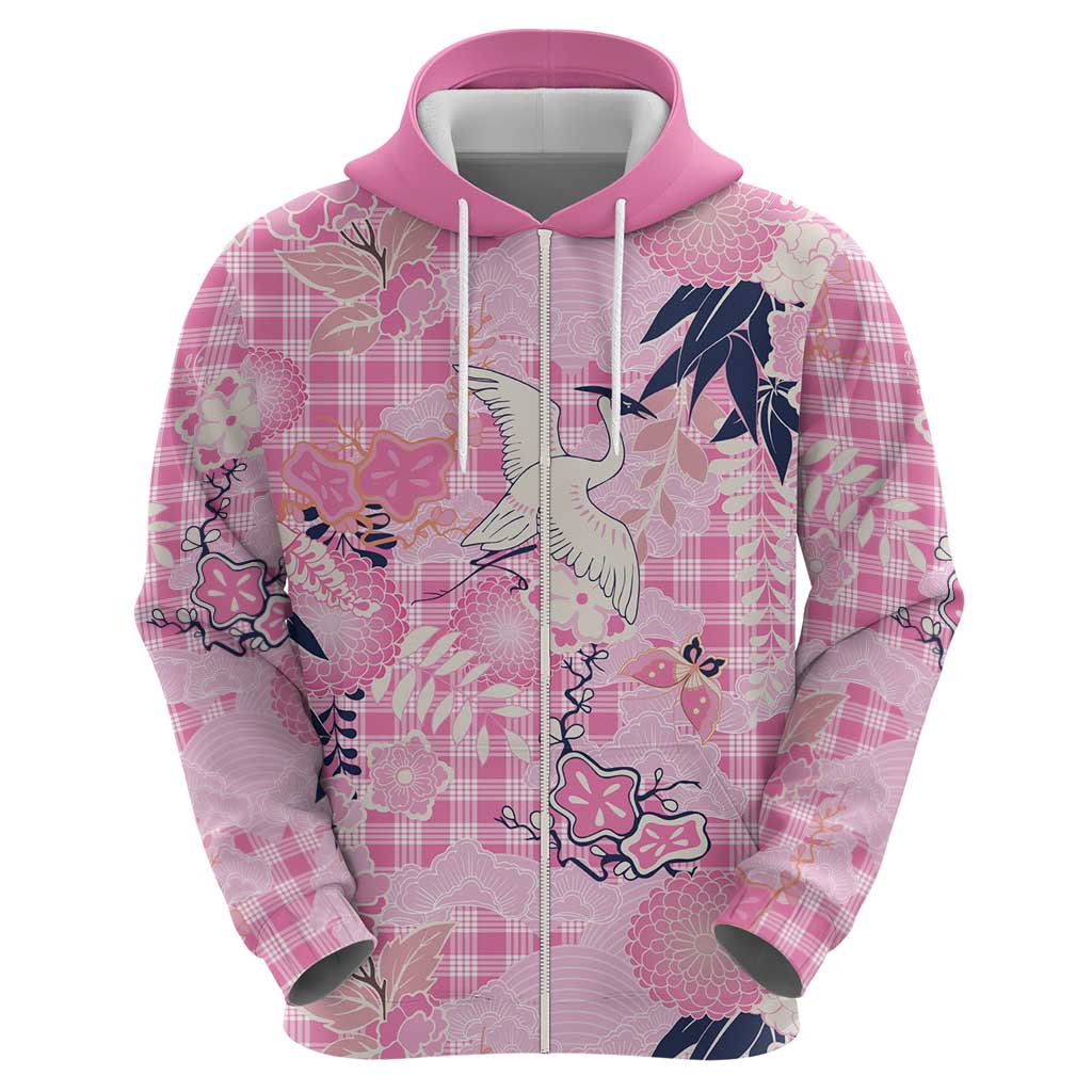 Pink Palaka Crane and Flowers Hoodie Japan Heritage Spirit - Polynesian Pride