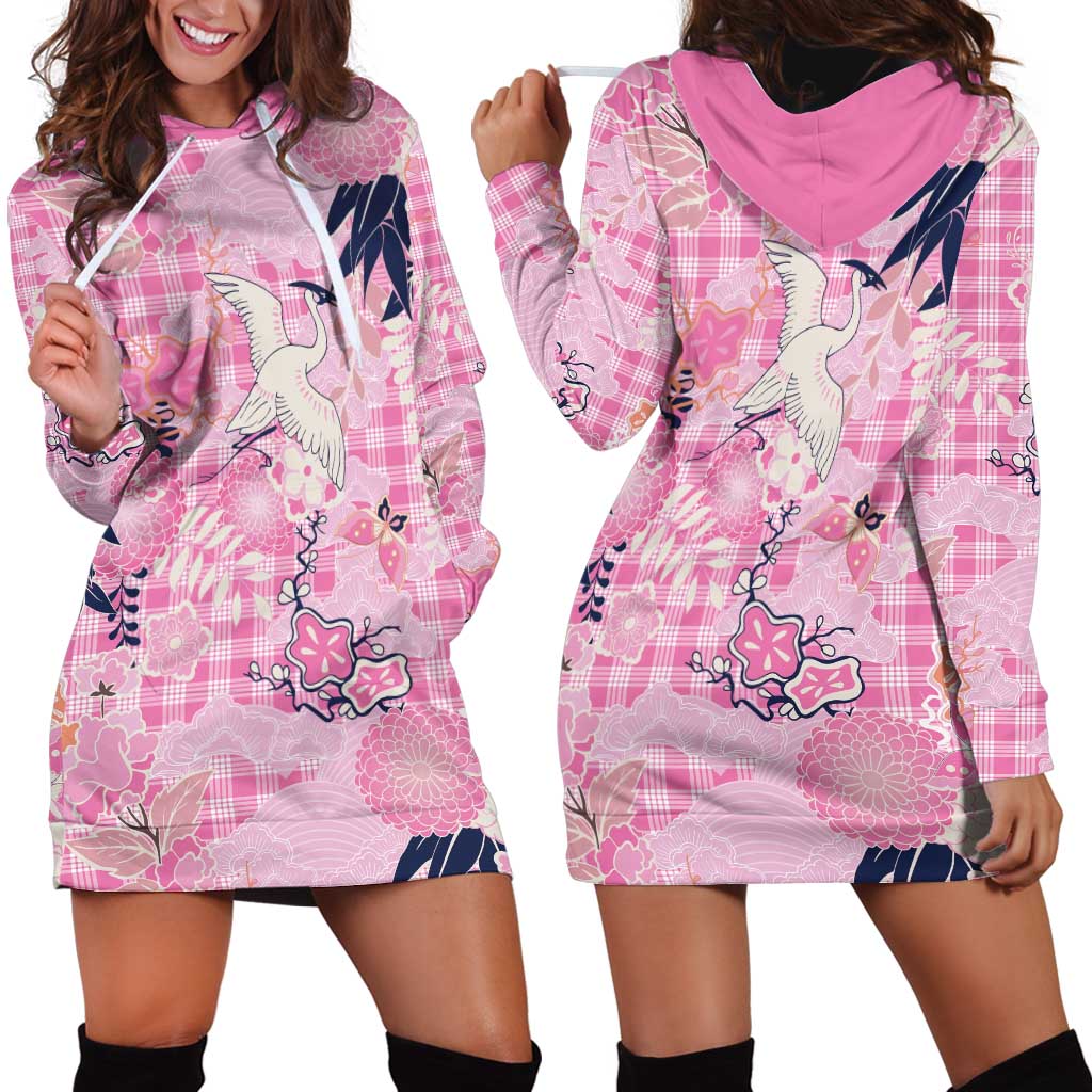 Pink Palaka Crane and Flowers Hoodie Dress Japan Heritage Spirit - Polynesian Pride