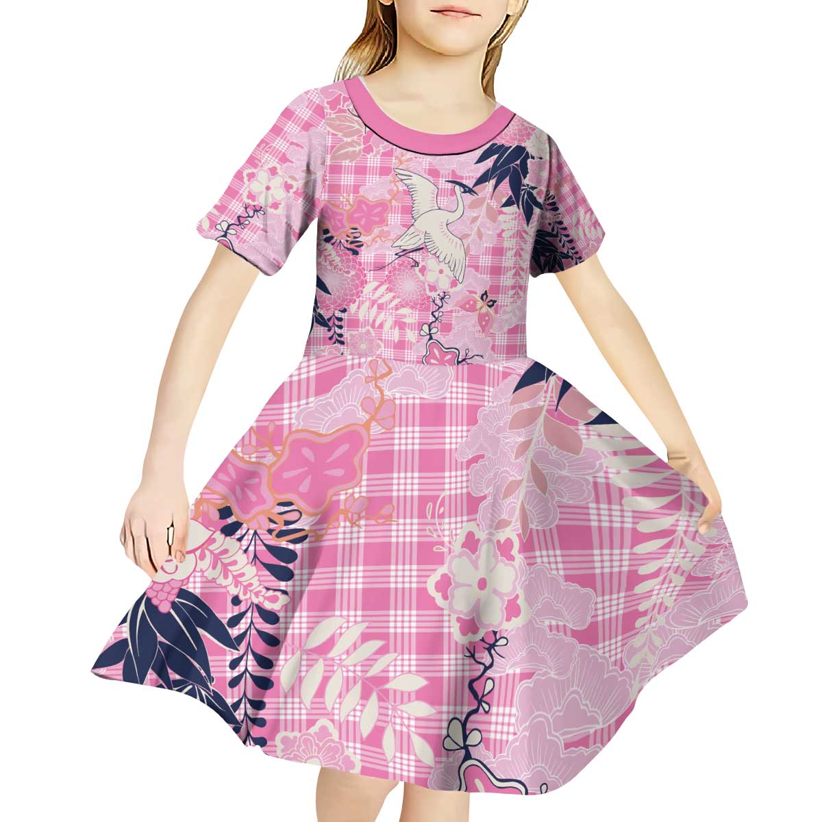 Pink Palaka Crane and Flowers Kid Short Sleeve Dress Japan Heritage Spirit - Polynesian Pride