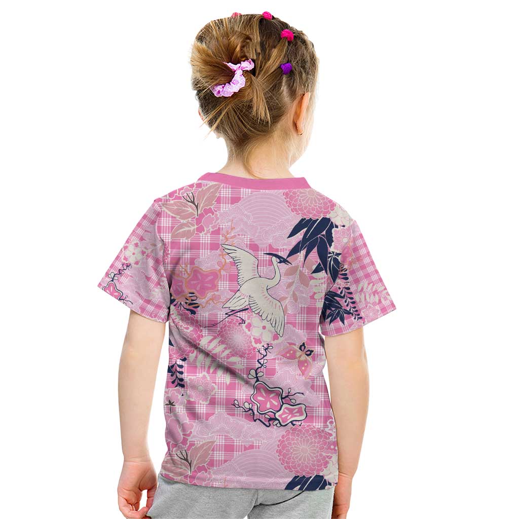 Pink Palaka Crane and Flowers Kid T Shirt Japan Heritage Spirit - Polynesian Pride