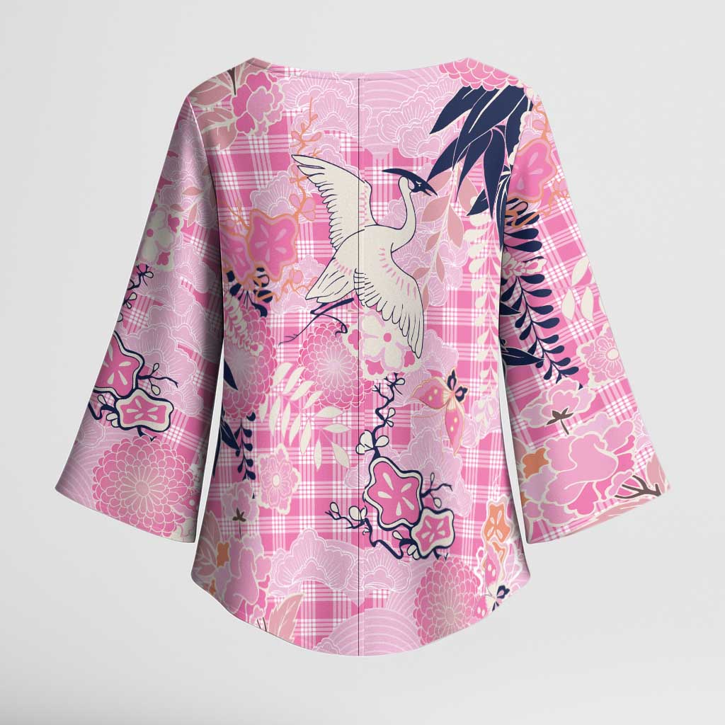 Pink Palaka Crane and Flowers Kimono Sleeve Blouse Japan Heritage Spirit - Polynesian Pride