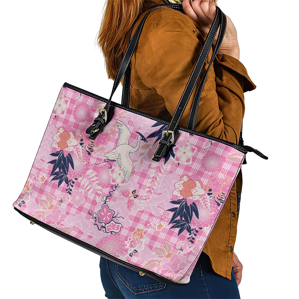 Pink Palaka Crane and Flowers Leather Tote Bag Japan Heritage Spirit - Polynesian Pride