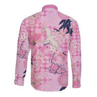 Pink Palaka Crane and Flowers Long Sleeve Button Shirt Japan Heritage Spirit - Polynesian Pride