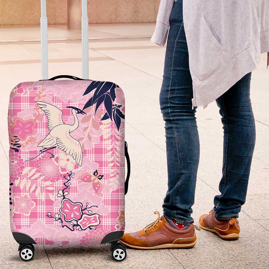 Pink Palaka Crane and Flowers Luggage Cover Japan Heritage Spirit - Polynesian Pride