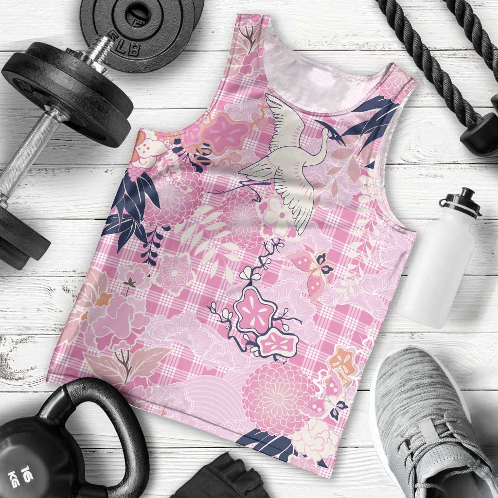 Pink Palaka Crane and Flowers Men Tank Top Japan Heritage Spirit - Polynesian Pride