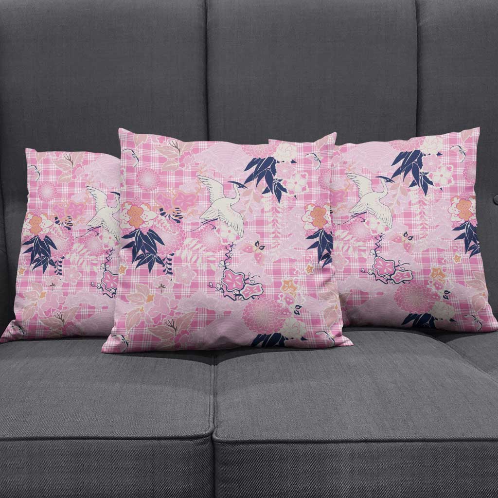 Pink Palaka Crane and Flowers Pillow Cover Japan Heritage Spirit - Polynesian Pride
