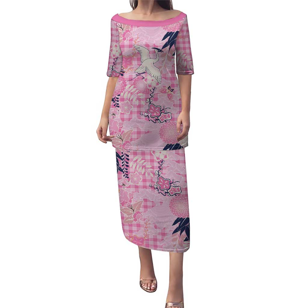 Pink Palaka Crane and Flowers Puletasi Japan Heritage Spirit - Polynesian Pride