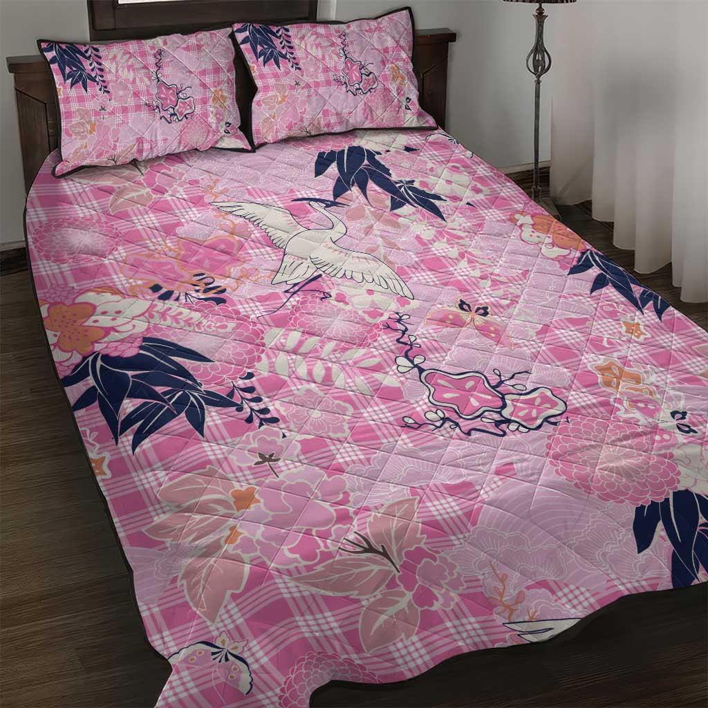 Pink Palaka Crane and Flowers Quilt Bed Set Japan Heritage Spirit - Polynesian Pride