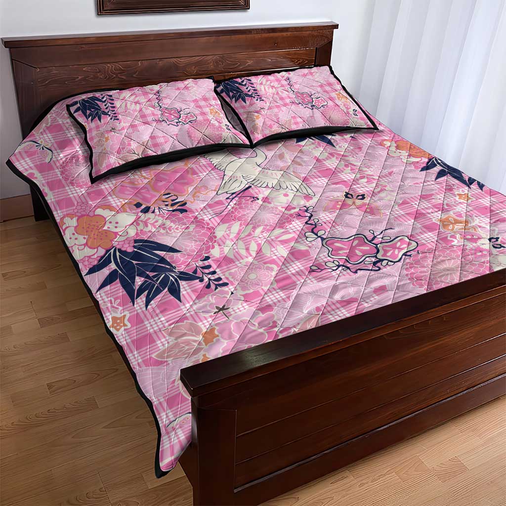 Pink Palaka Crane and Flowers Quilt Bed Set Japan Heritage Spirit - Polynesian Pride