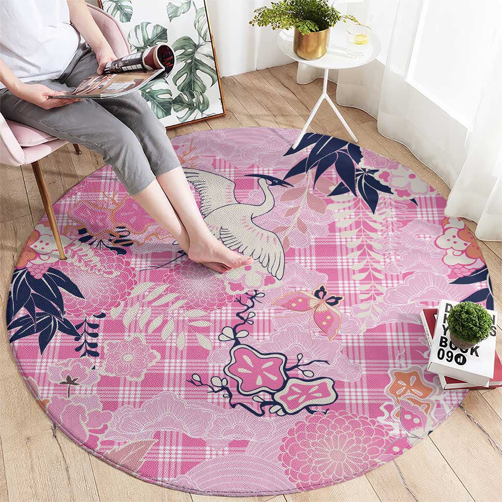 Pink Palaka Crane and Flowers Round Carpet Japan Heritage Spirit - Polynesian Pride