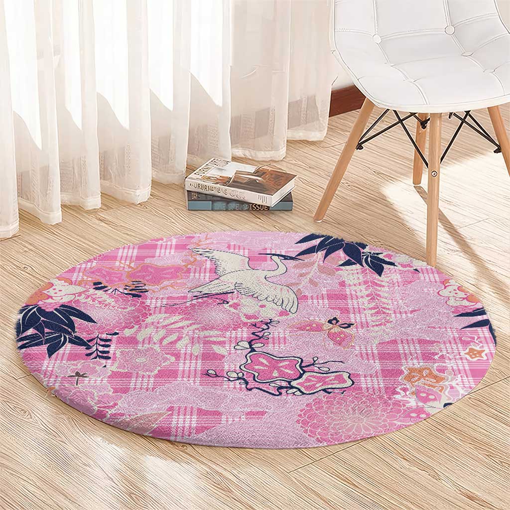 Pink Palaka Crane and Flowers Round Carpet Japan Heritage Spirit - Polynesian Pride