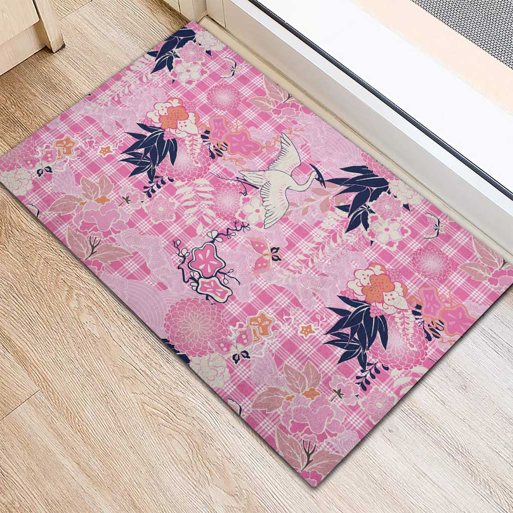 Pink Palaka Crane and Flowers Rubber Doormat Japan Heritage Spirit - Polynesian Pride