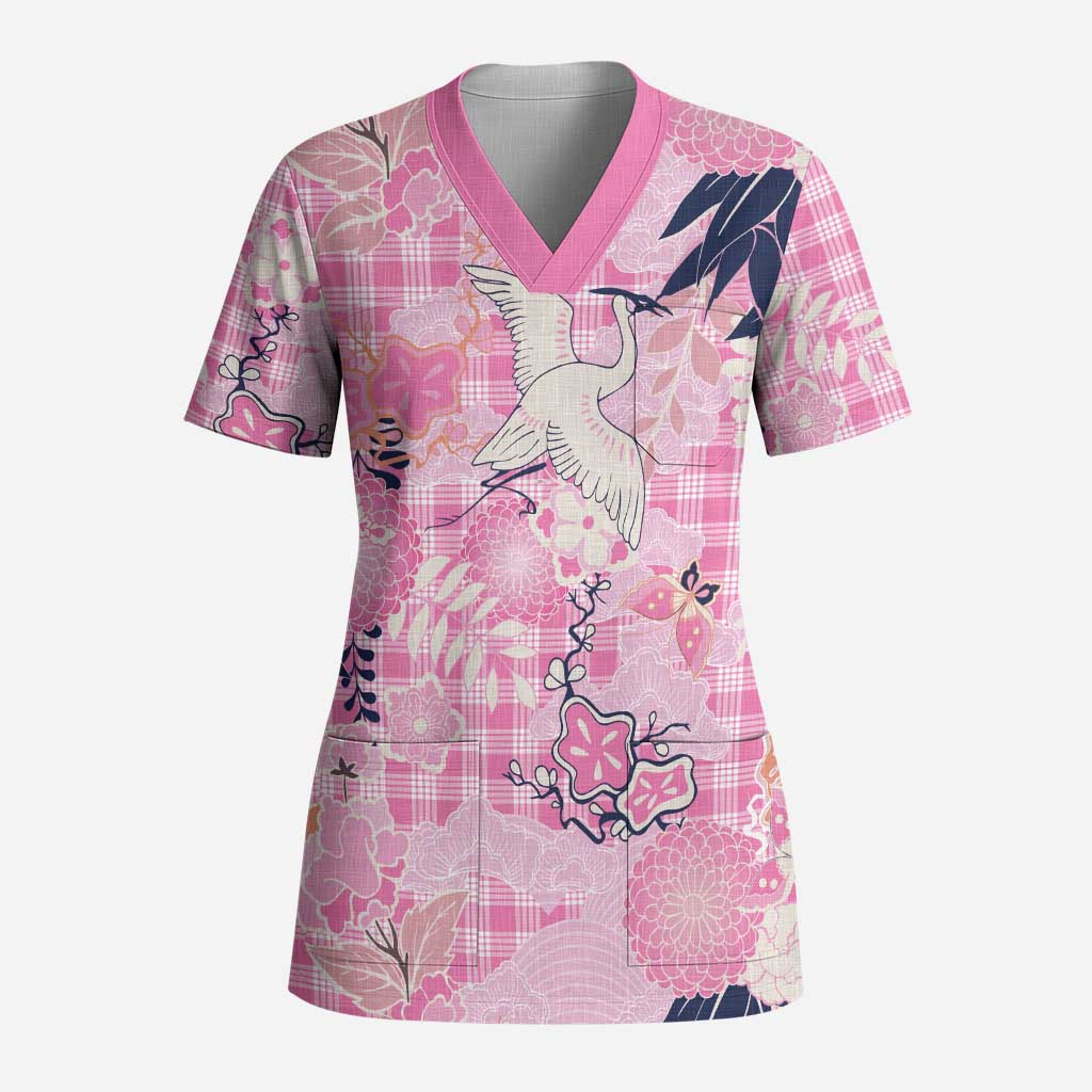 Pink Palaka Crane and Flowers Scrub Top Japan Heritage Spirit - Polynesian Pride
