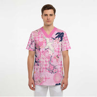 Pink Palaka Crane and Flowers Scrub Top Japan Heritage Spirit - Polynesian Pride