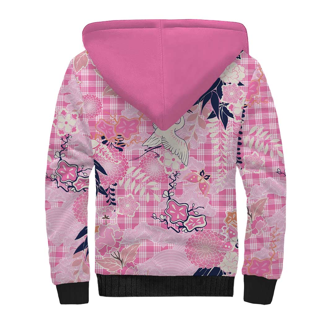 Pink Palaka Crane and Flowers Sherpa Hoodie Japan Heritage Spirit - Polynesian Pride