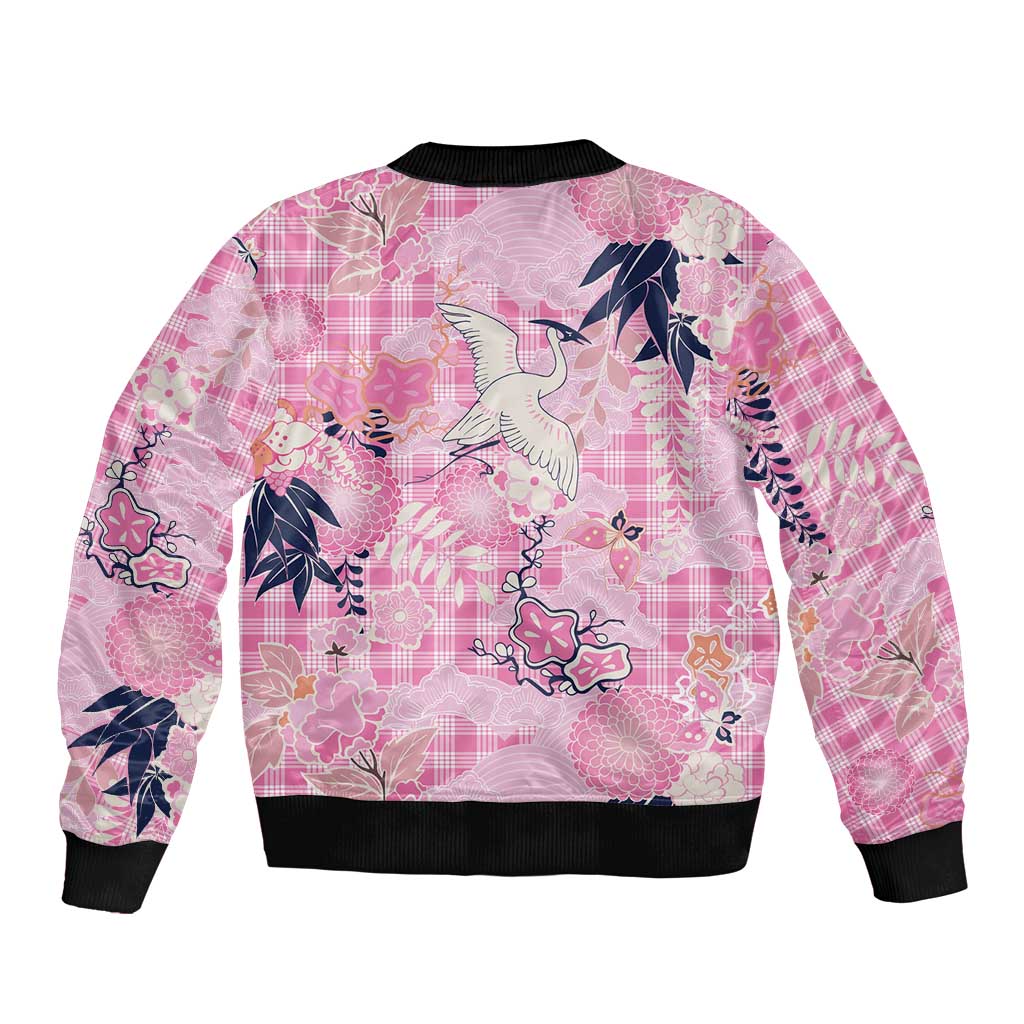 Pink Palaka Crane and Flowers Sleeve Zip Bomber Jacket Japan Heritage Spirit - Polynesian Pride