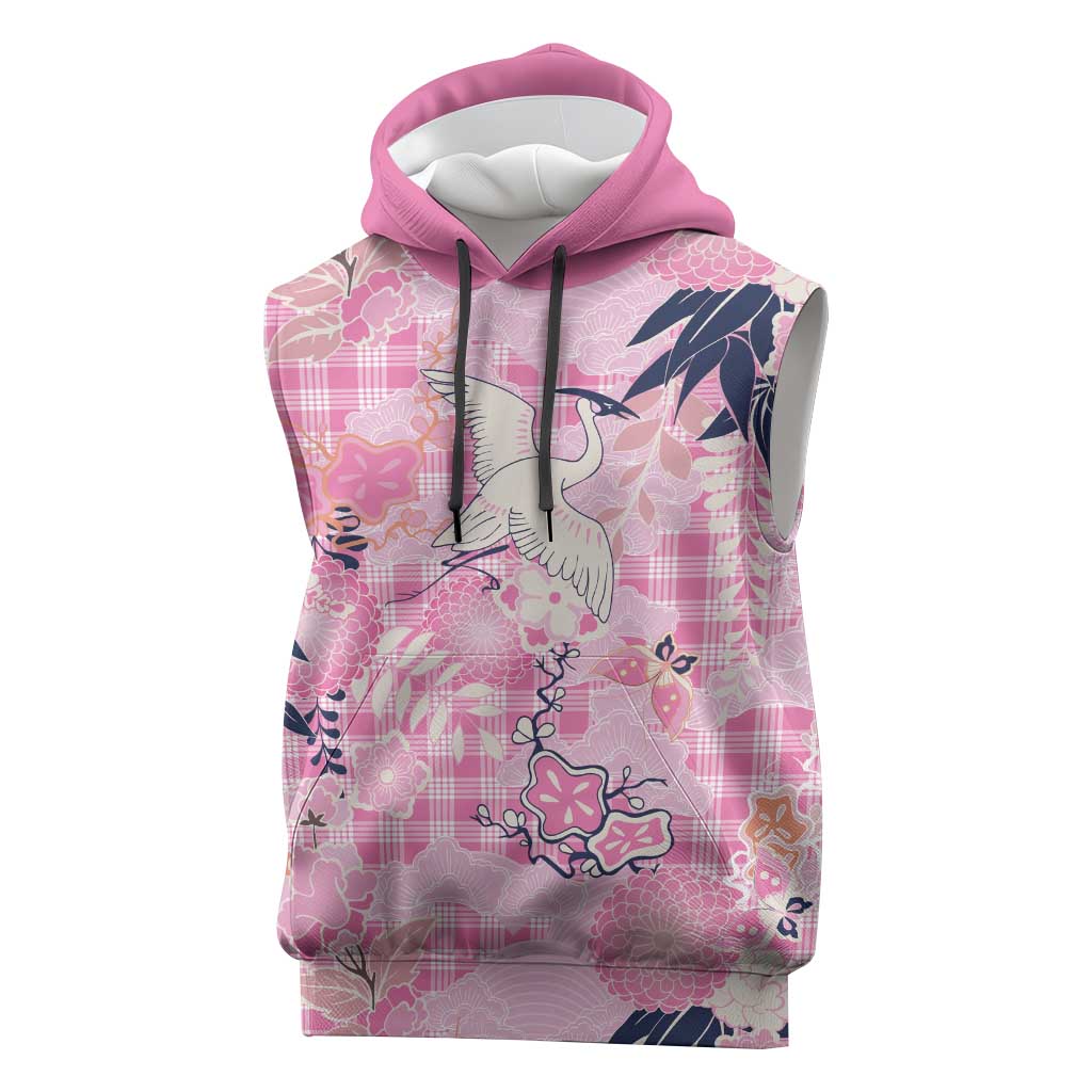 Pink Palaka Crane and Flowers Sleeveless Hoodie Japan Heritage Spirit - Polynesian Pride