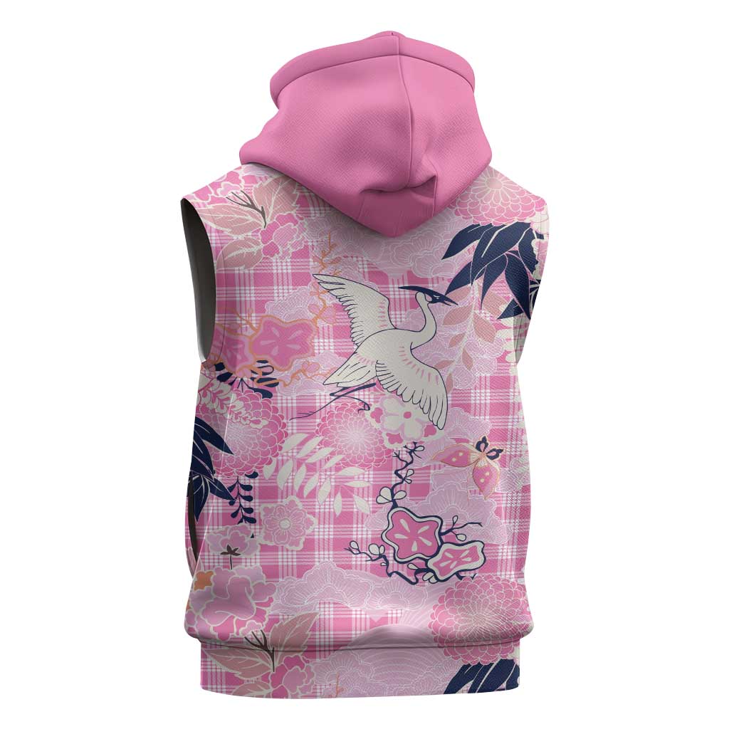 Pink Palaka Crane and Flowers Sleeveless Hoodie Japan Heritage Spirit - Polynesian Pride