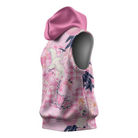 Pink Palaka Crane and Flowers Sleeveless Hoodie Japan Heritage Spirit - Polynesian Pride