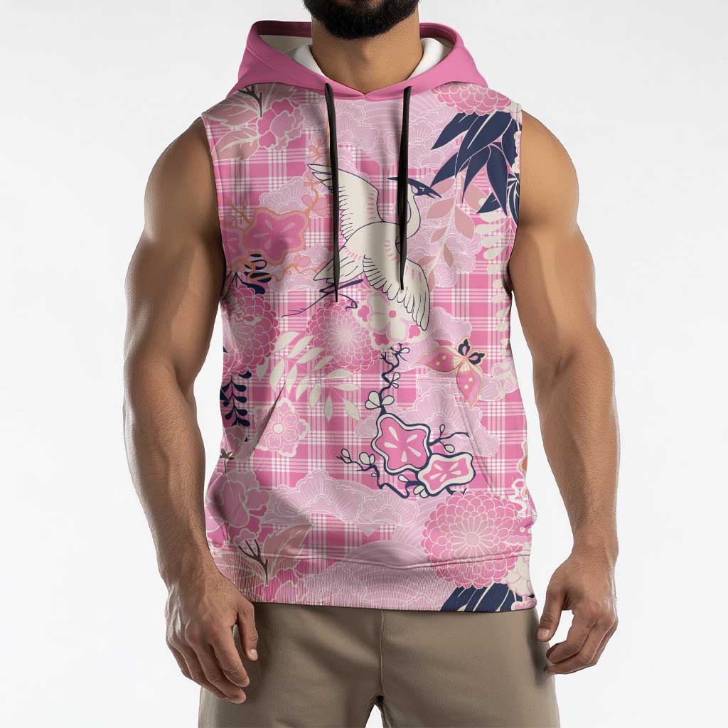 Pink Palaka Crane and Flowers Sleeveless Hoodie Japan Heritage Spirit - Polynesian Pride