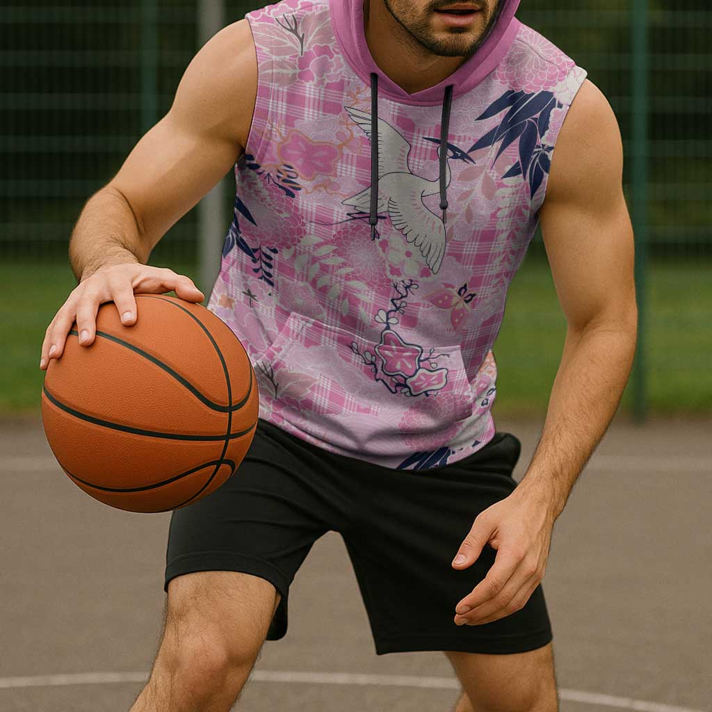 Pink Palaka Crane and Flowers Sleeveless Hoodie Japan Heritage Spirit - Polynesian Pride