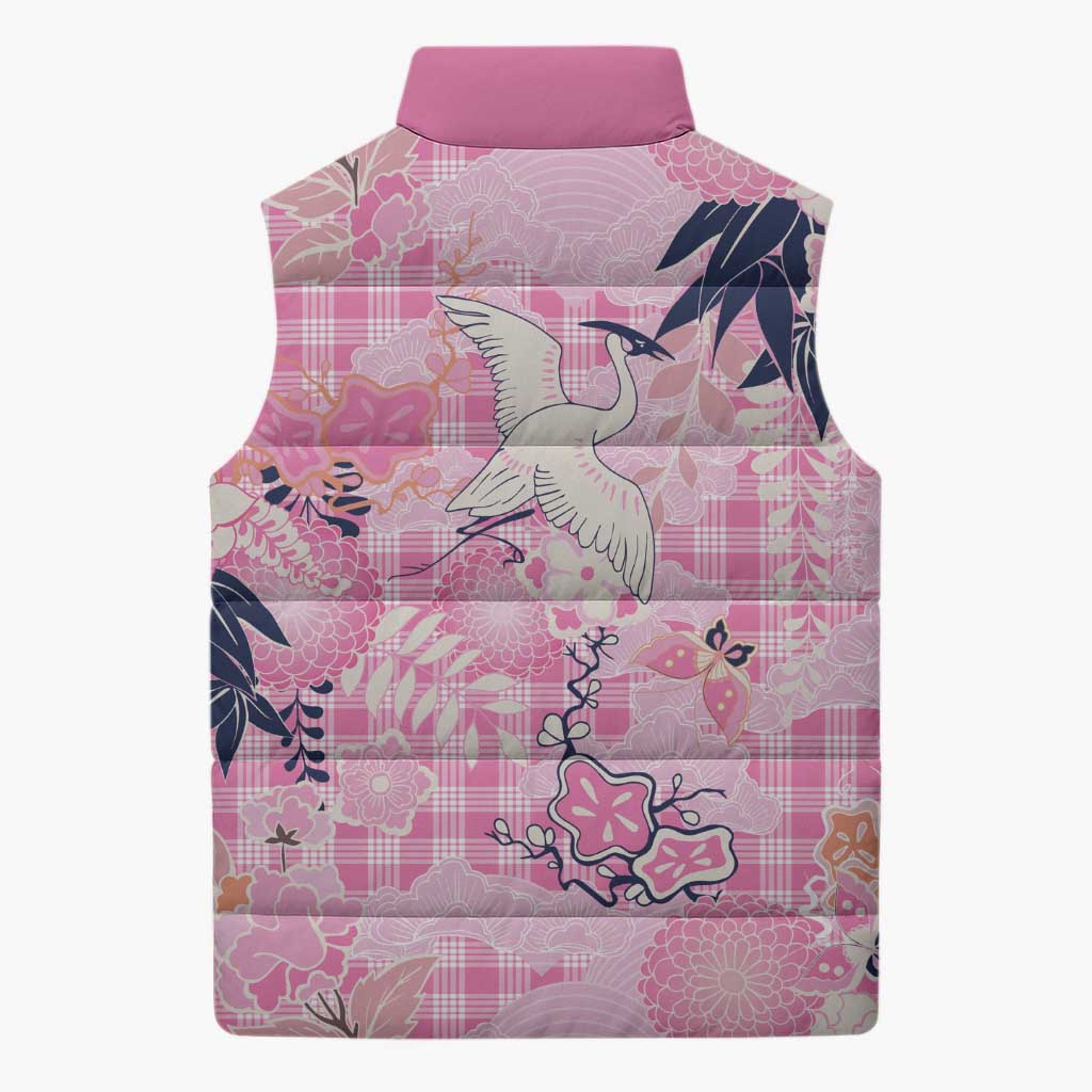 Pink Palaka Crane and Flowers Sleeveless Puffer Jacket Japan Heritage Spirit - Polynesian Pride