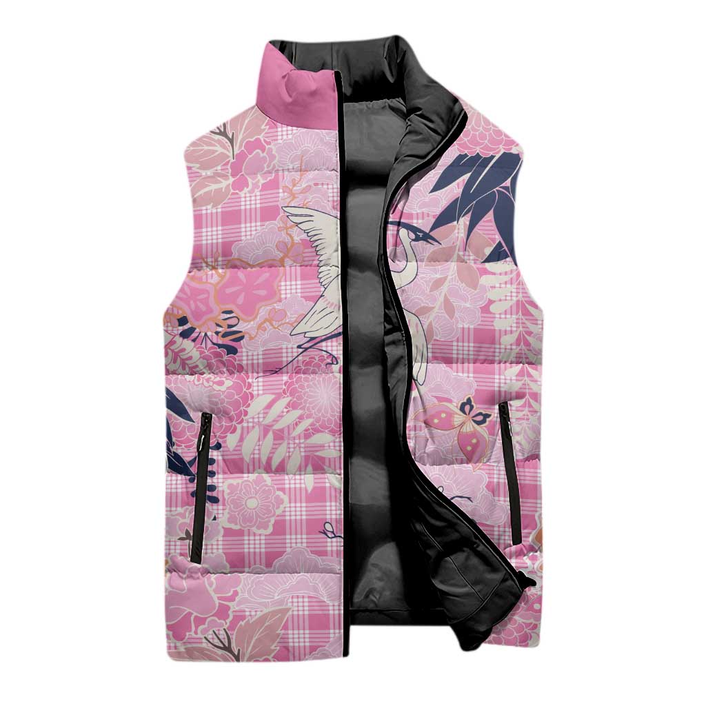 Pink Palaka Crane and Flowers Sleeveless Puffer Jacket Japan Heritage Spirit - Polynesian Pride