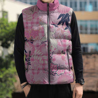 Pink Palaka Crane and Flowers Sleeveless Puffer Jacket Japan Heritage Spirit - Polynesian Pride
