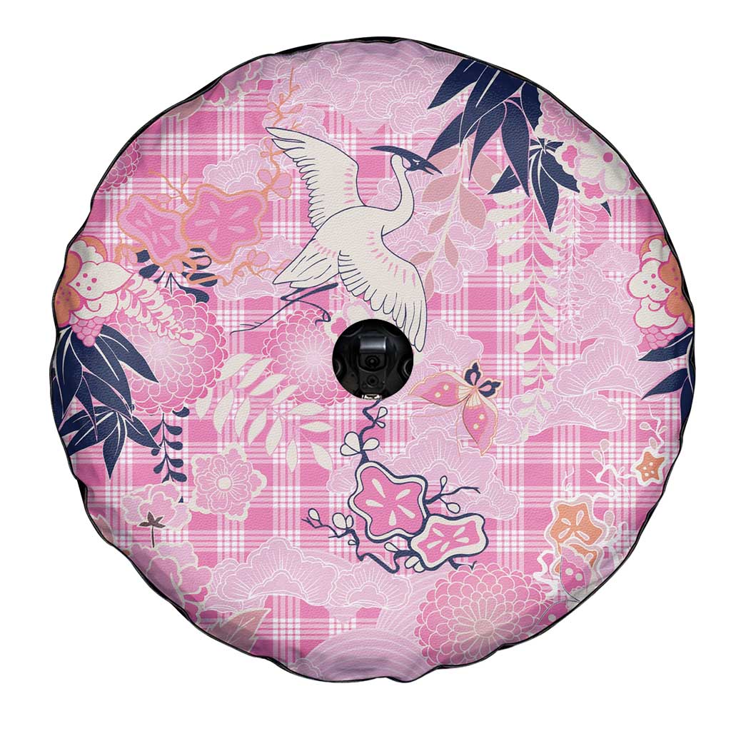 Pink Palaka Crane and Flowers Spare Tire Cover Japan Heritage Spirit - Polynesian Pride