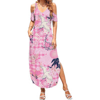 Pink Palaka Crane and Flowers Summer Maxi Dress Japan Heritage Spirit - Polynesian Pride