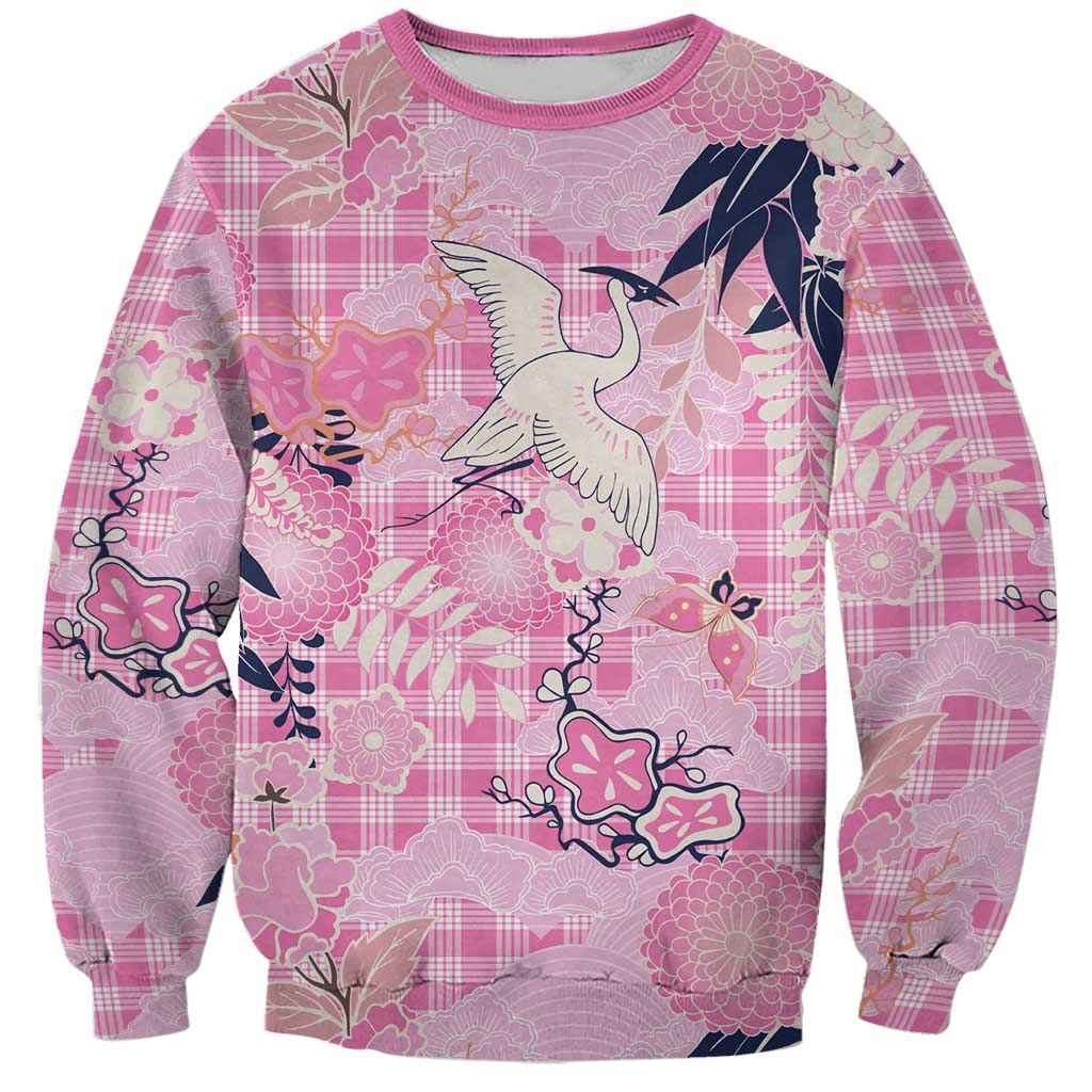 Pink Palaka Crane and Flowers Sweatshirt Japan Heritage Spirit - Polynesian Pride