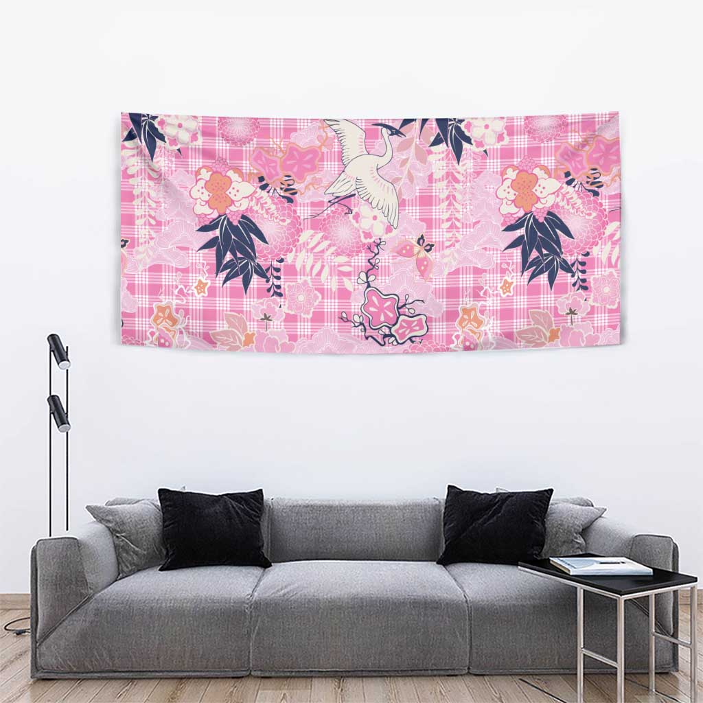 Pink Palaka Crane and Flowers Tapestry Japan Heritage Spirit - Polynesian Pride